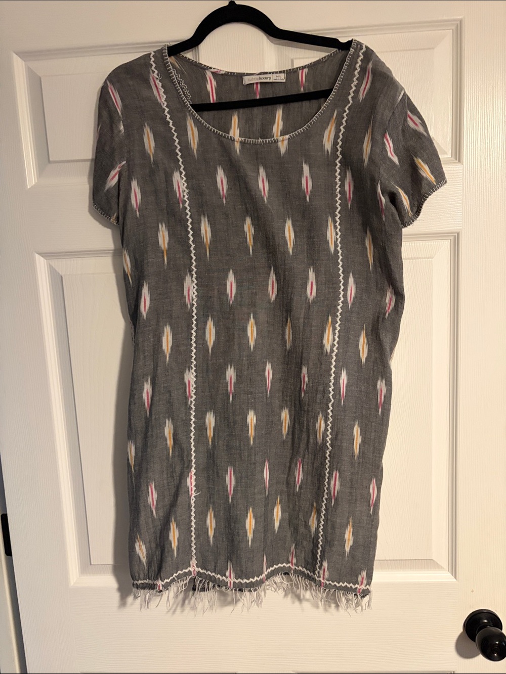 Grey Ikat-Print Short Sleeve Midi Dress with Fringe Trim